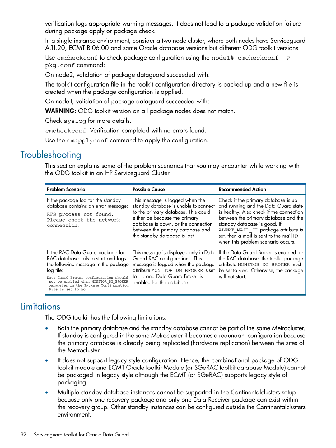 HP Serviceguard Toolkits for Database Replication Solutions manual Troubleshooting, Limitations, Pkg.conf command 