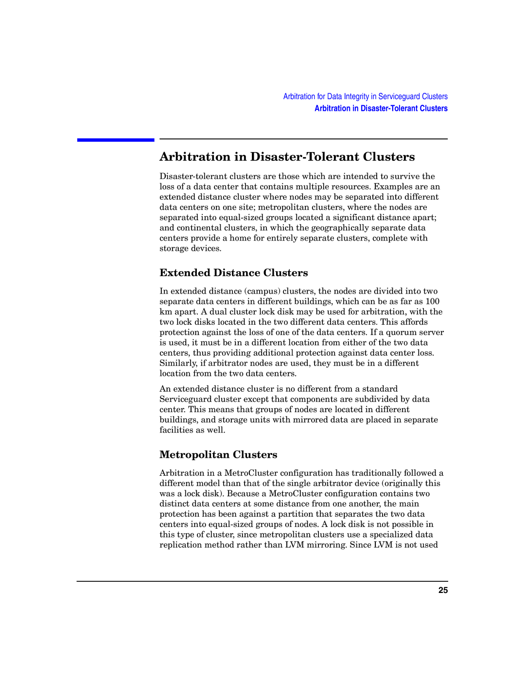 HP Serviceguard manual Arbitration in Disaster-Tolerant Clusters, Extended Distance Clusters, Metropolitan Clusters 