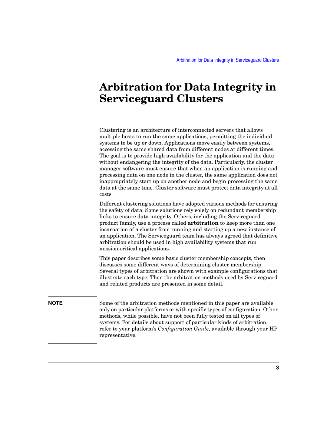 HP manual Arbitration for Data Integrity in Serviceguard Clusters 