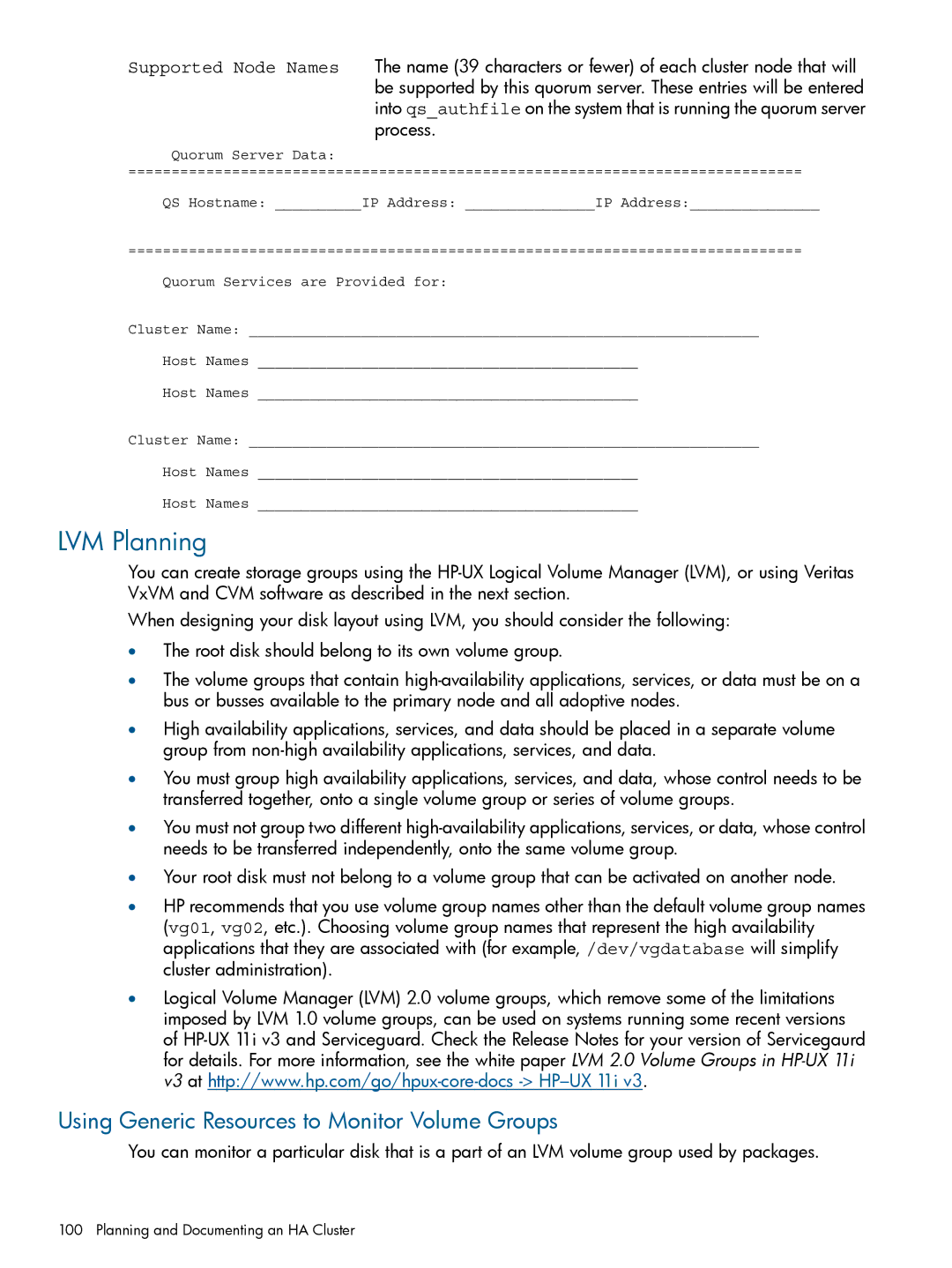 HP Serviceguard manual LVM Planning, Using Generic Resources to Monitor Volume Groups 