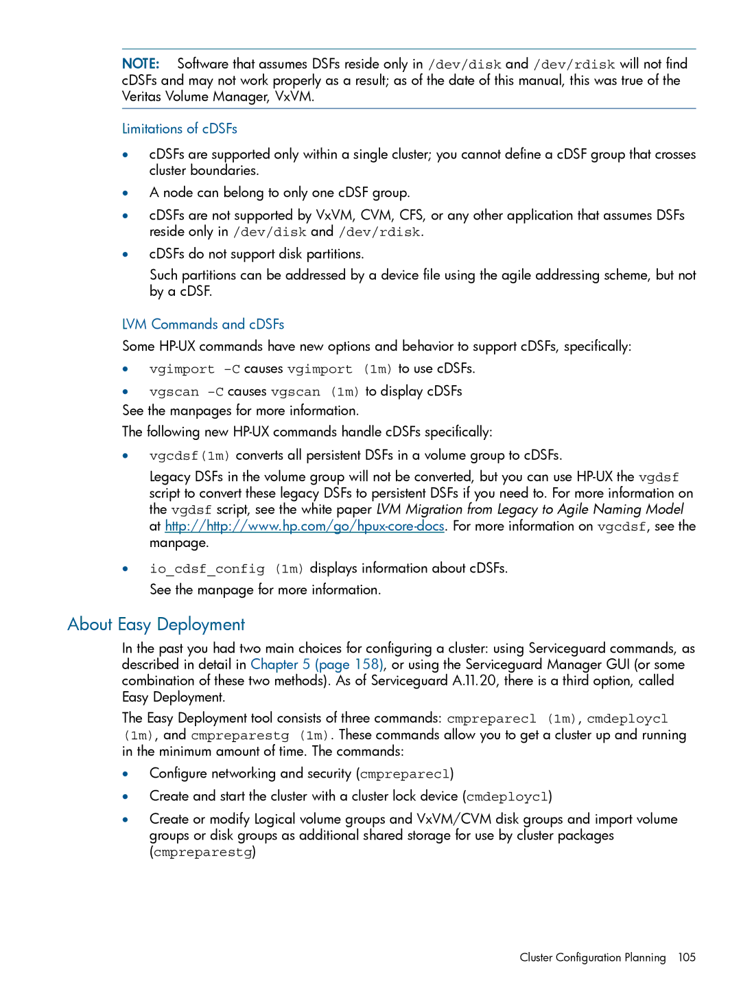 HP Serviceguard manual About Easy Deployment, Limitations of cDSFs, LVM Commands and cDSFs 