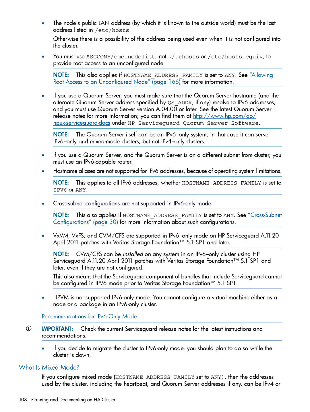 HP Serviceguard manual What Is Mixed Mode?, IPV6 or ANY, Recommendations for IPv6-Only Mode 