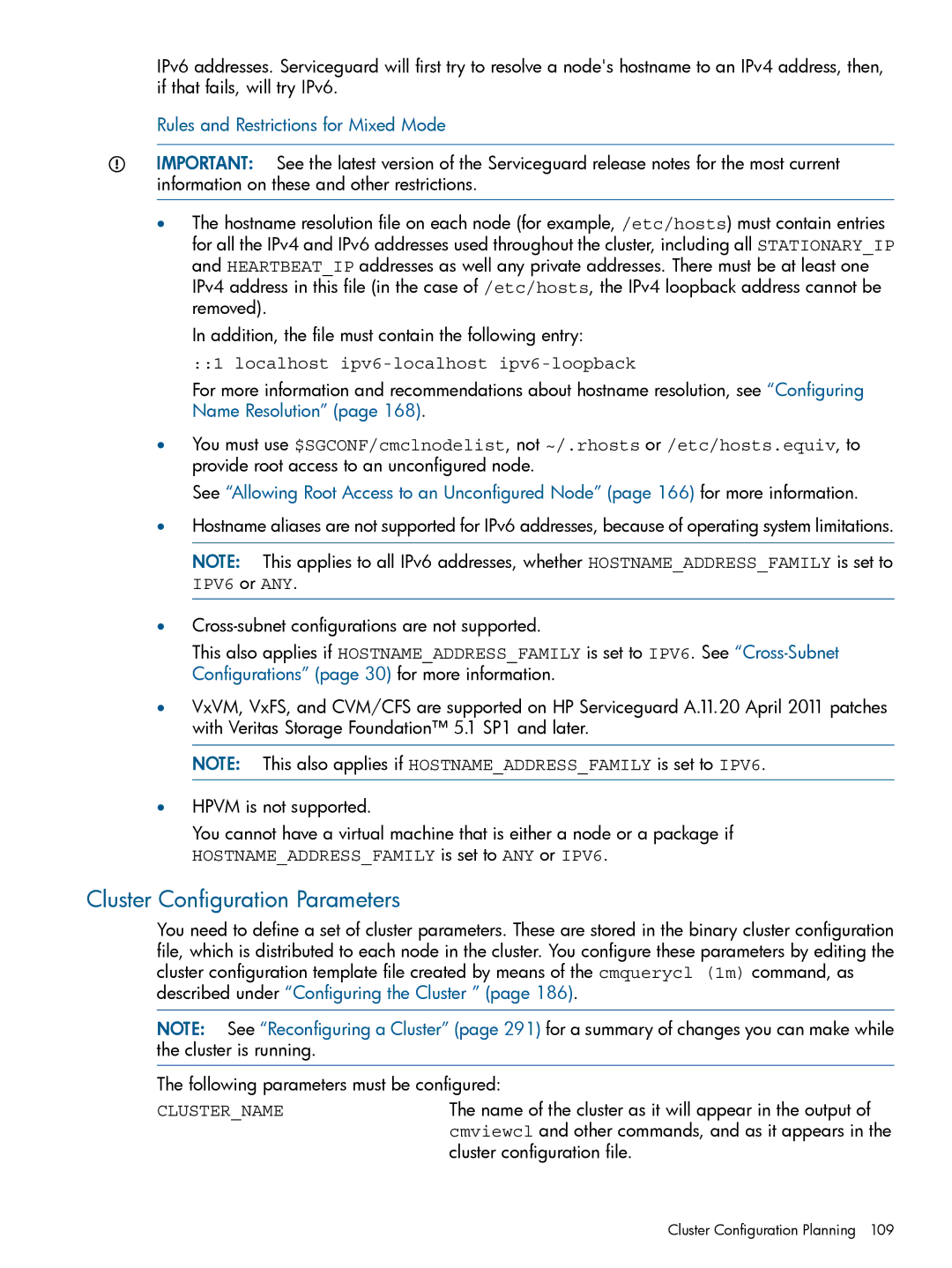 HP Serviceguard manual Cluster Configuration Parameters, Rules and Restrictions for Mixed Mode, Cluster configuration file 