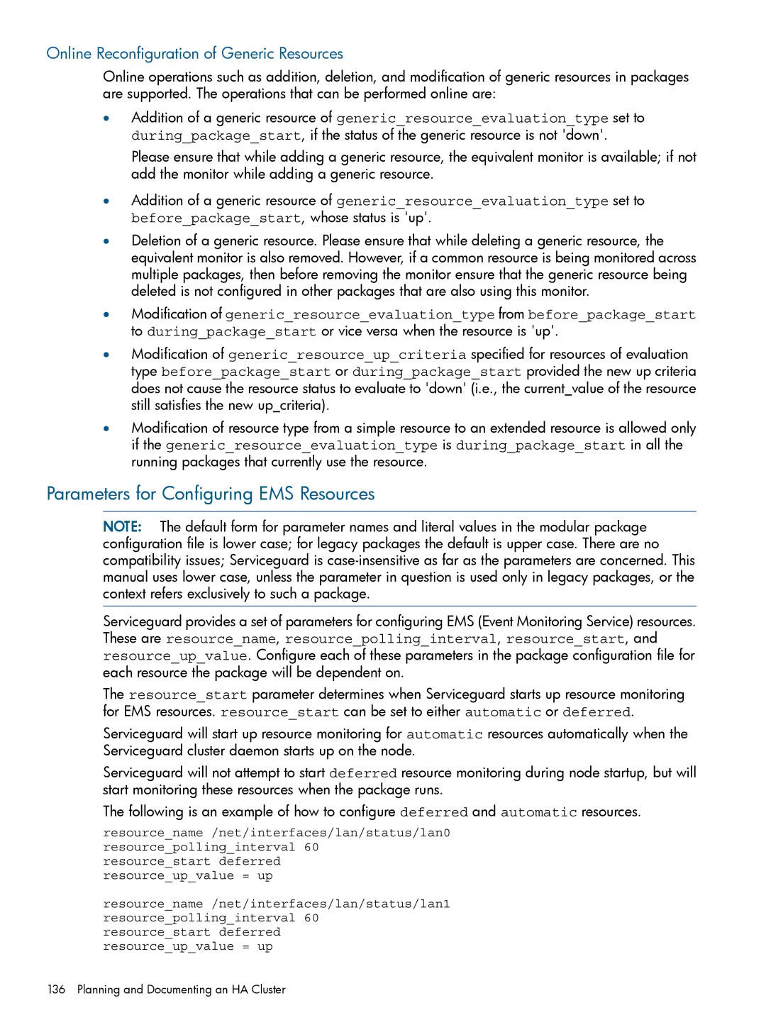 HP Serviceguard manual Parameters for Configuring EMS Resources, Online Reconfiguration of Generic Resources 