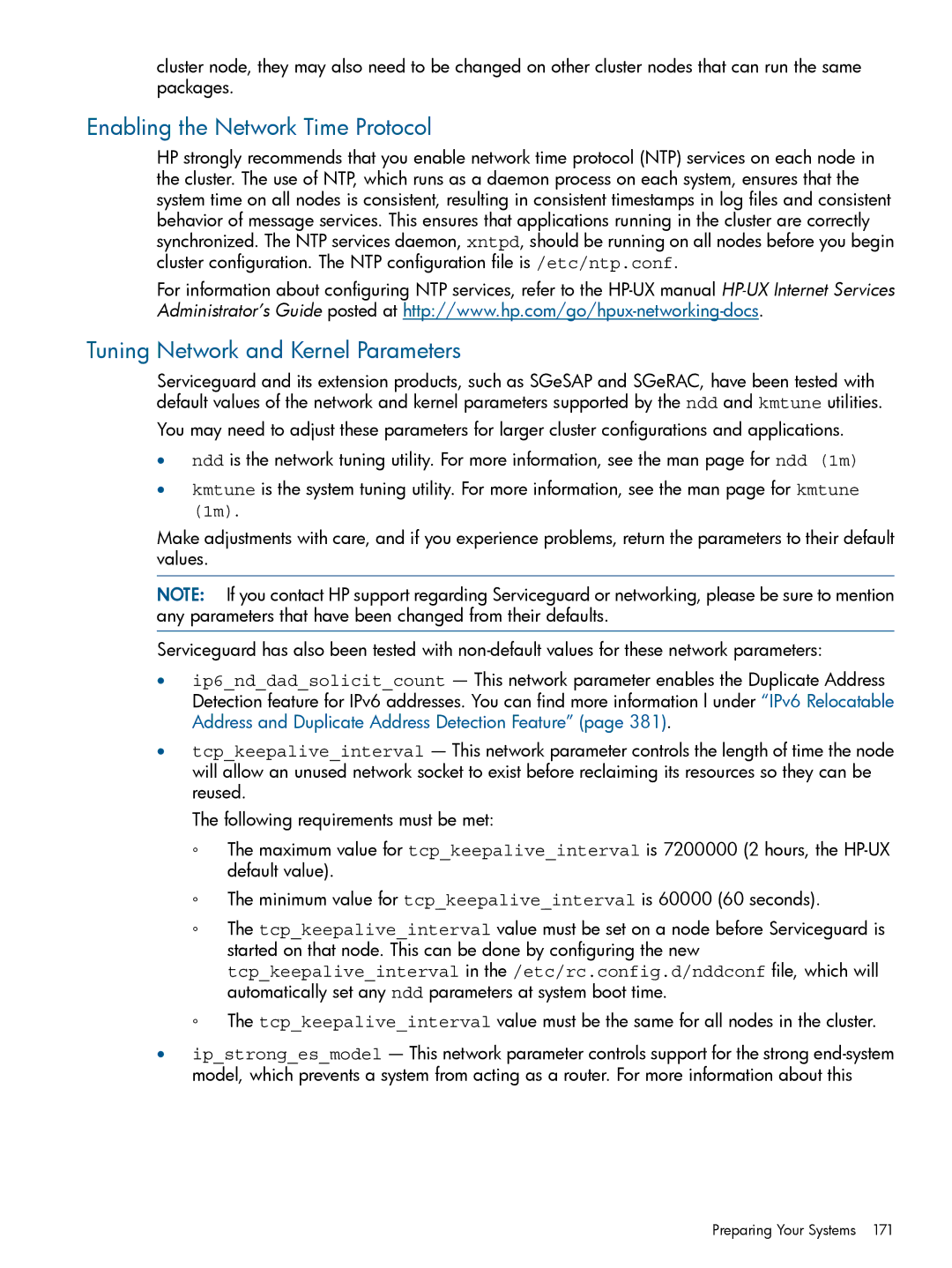 HP Serviceguard manual Enabling the Network Time Protocol, Tuning Network and Kernel Parameters 