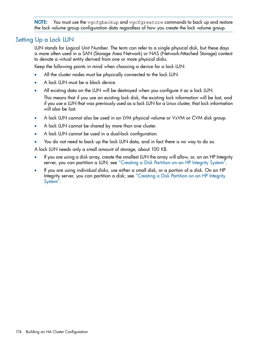 HP Serviceguard manual Setting Up a Lock LUN 