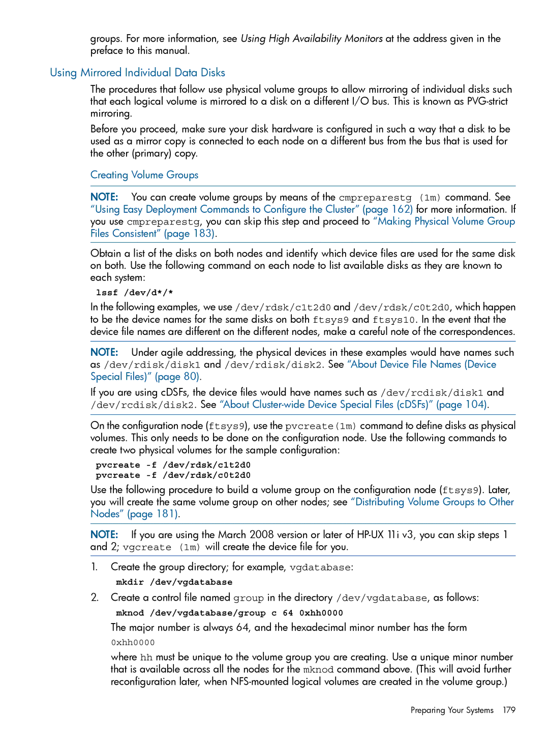 HP Serviceguard manual Using Mirrored Individual Data Disks, Creating Volume Groups 