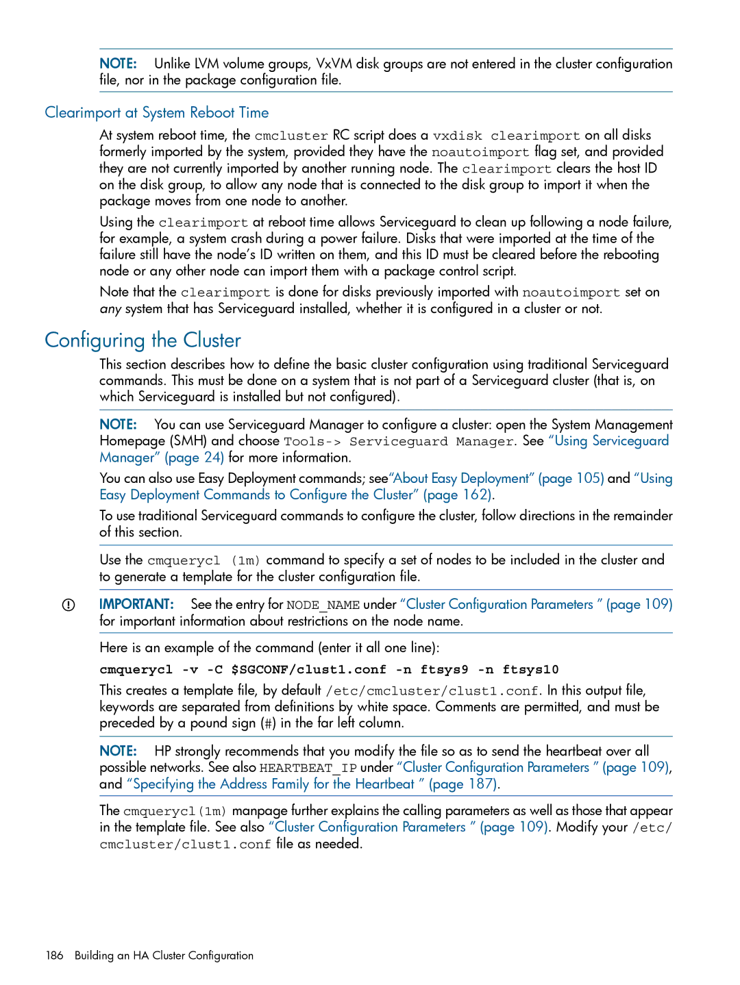 HP Serviceguard manual Configuring the Cluster, Clearimport at System Reboot Time 