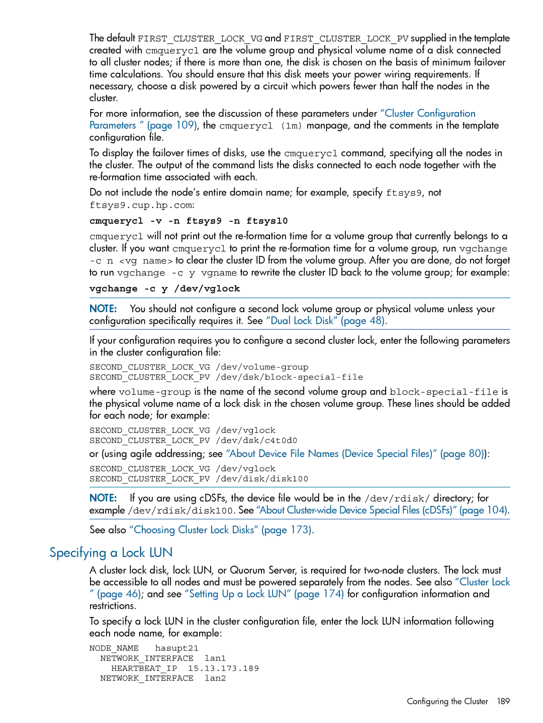 HP Serviceguard manual Specifying a Lock LUN, Cmquerycl -v -n ftsys9 -n ftsys10, Vgchange -c y /dev/vglock 