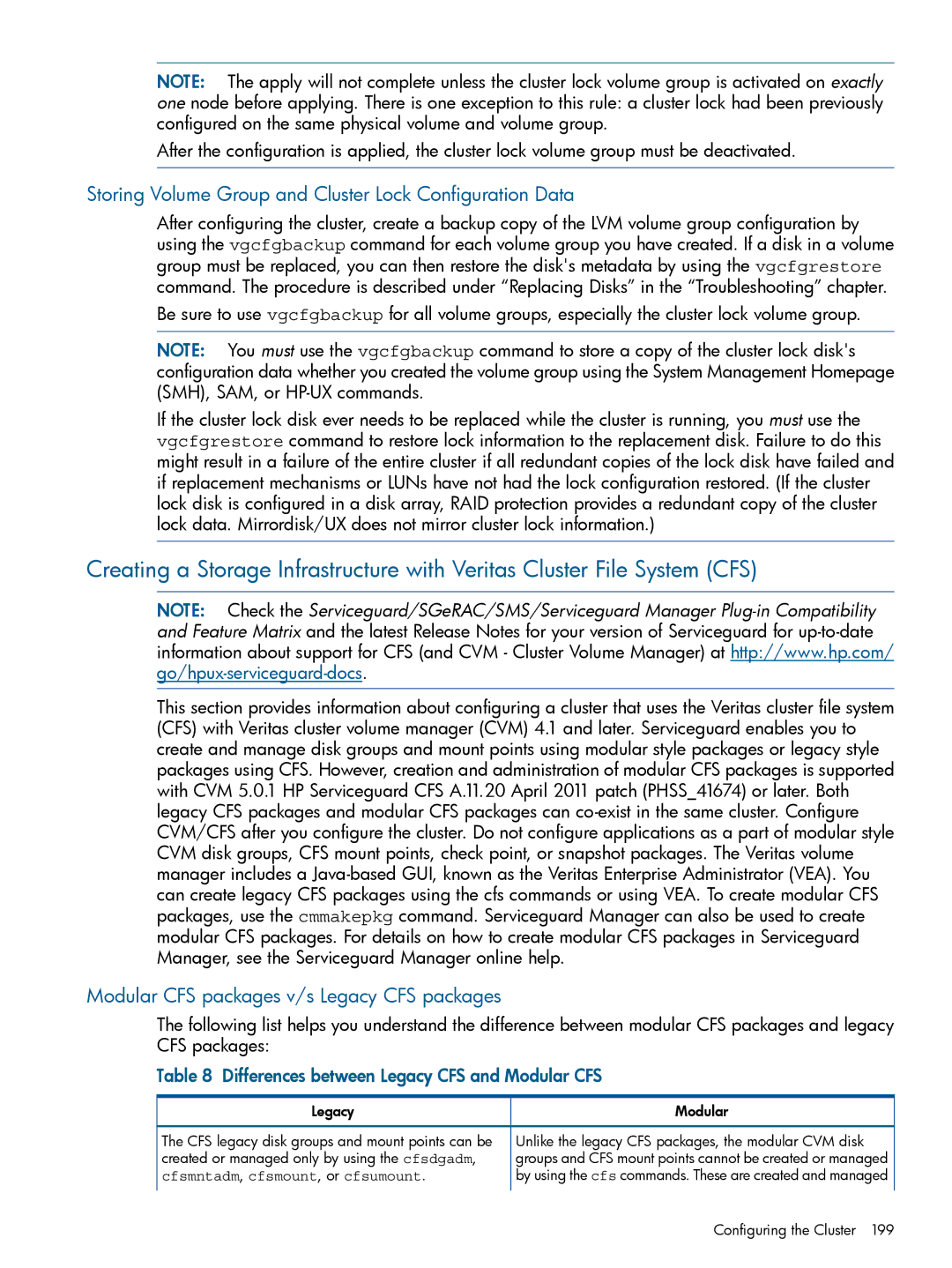 HP Serviceguard Storing Volume Group and Cluster Lock Configuration Data, Modular CFS packages v/s Legacy CFS packages 