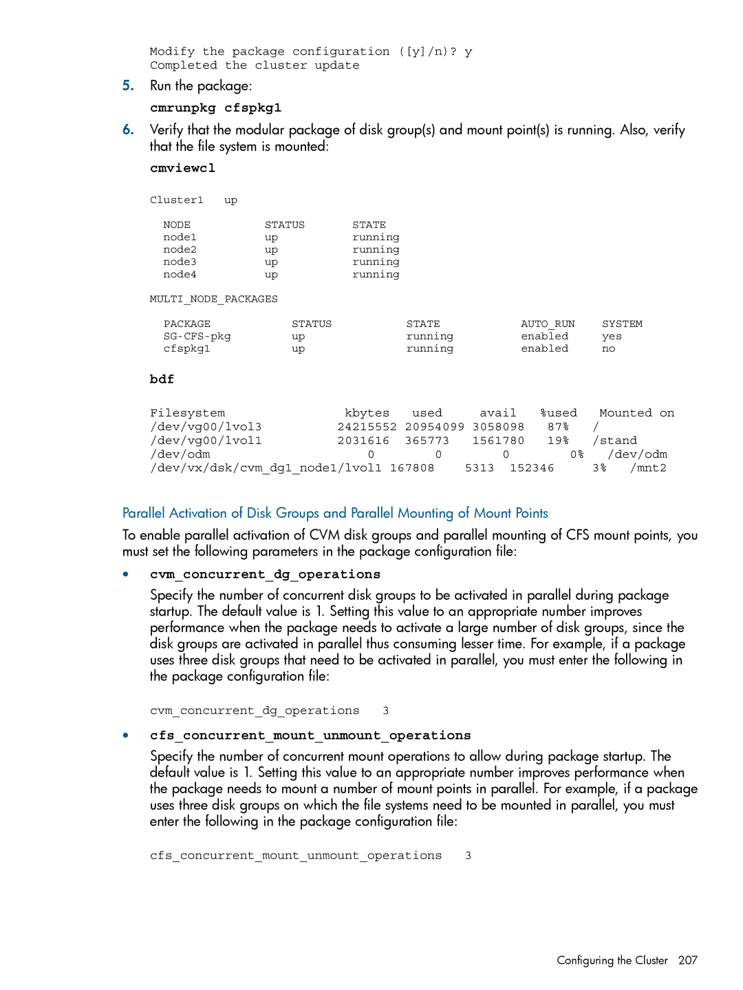 HP Serviceguard manual Cmviewcl, Bdf, Cvmconcurrentdgoperations, Cfsconcurrentmountunmountoperations 