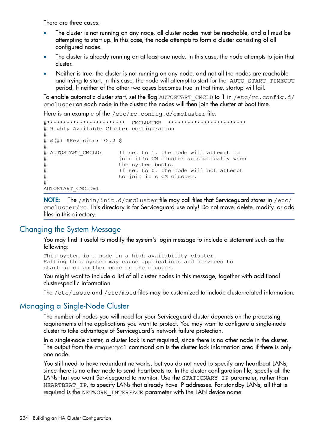 HP Serviceguard manual Changing the System Message, Managing a Single-Node Cluster 