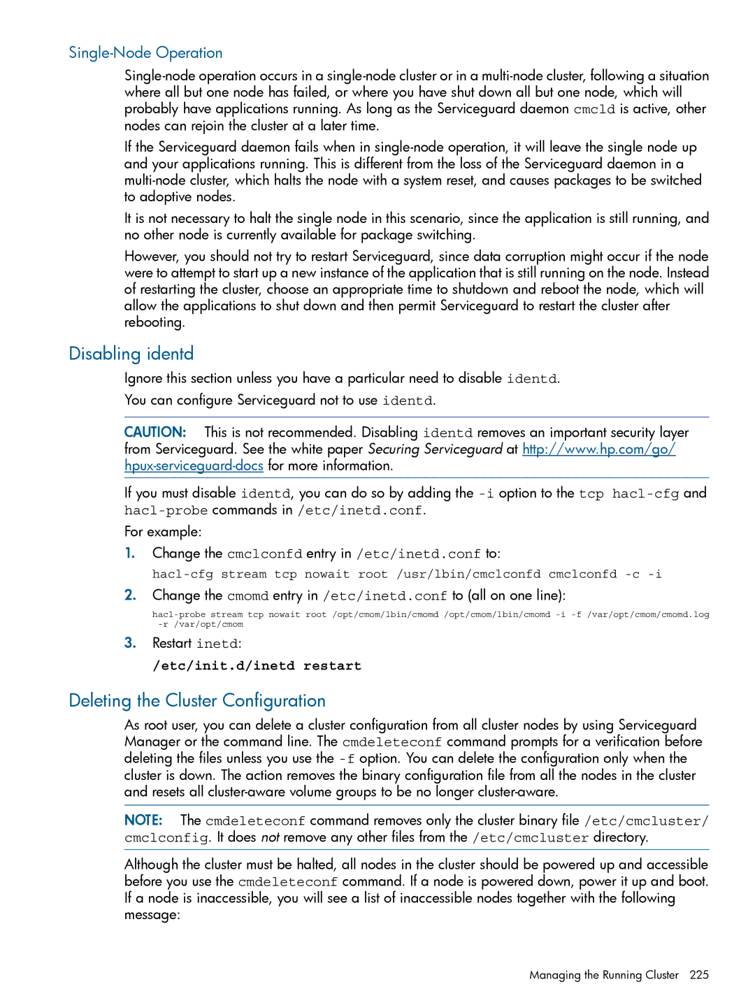 HP Serviceguard Disabling identd, Deleting the Cluster Configuration, Single-Node Operation, Etc/init.d/inetd restart 