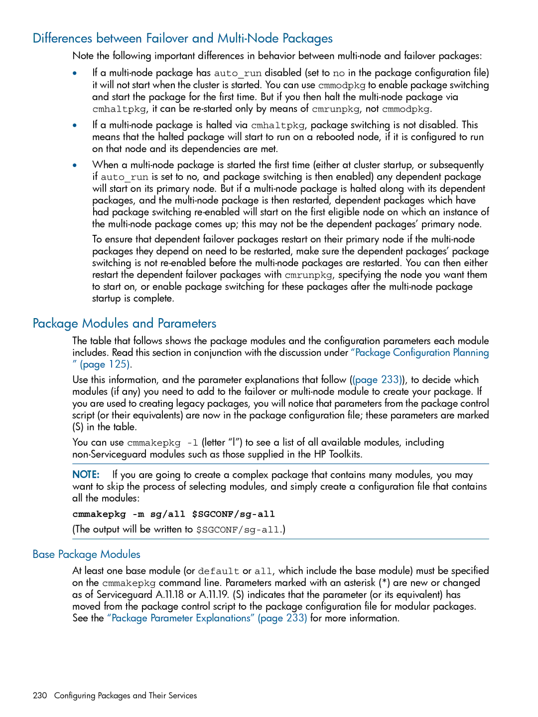 HP Serviceguard Differences between Failover and Multi-Node Packages, Package Modules and Parameters, Base Package Modules 