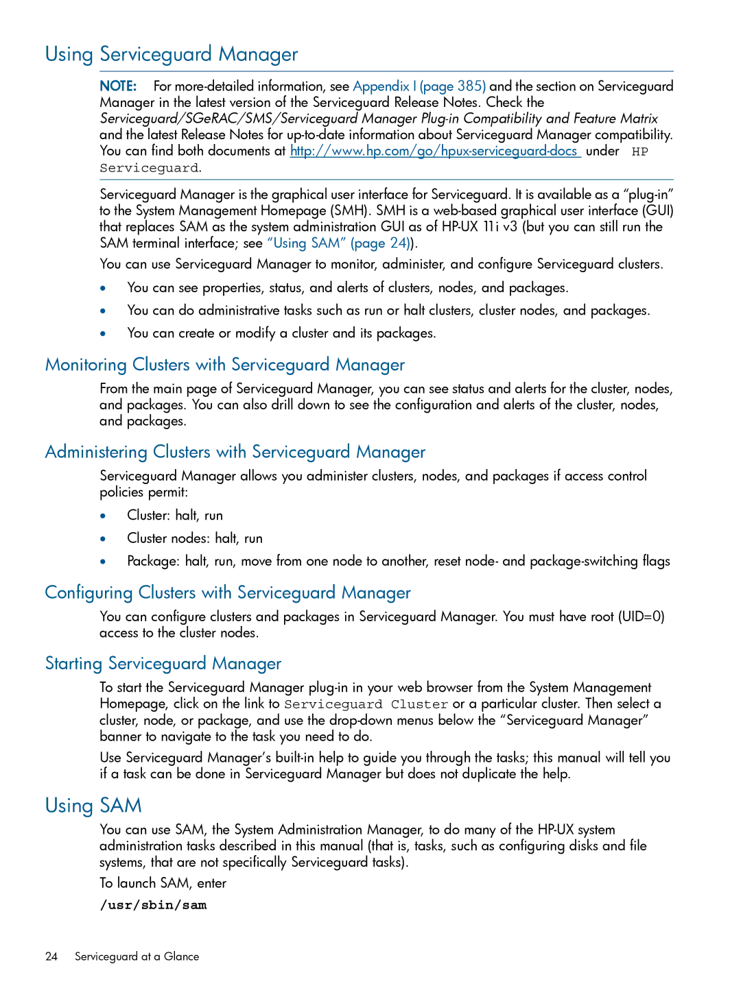 HP manual Using Serviceguard Manager, Using SAM 