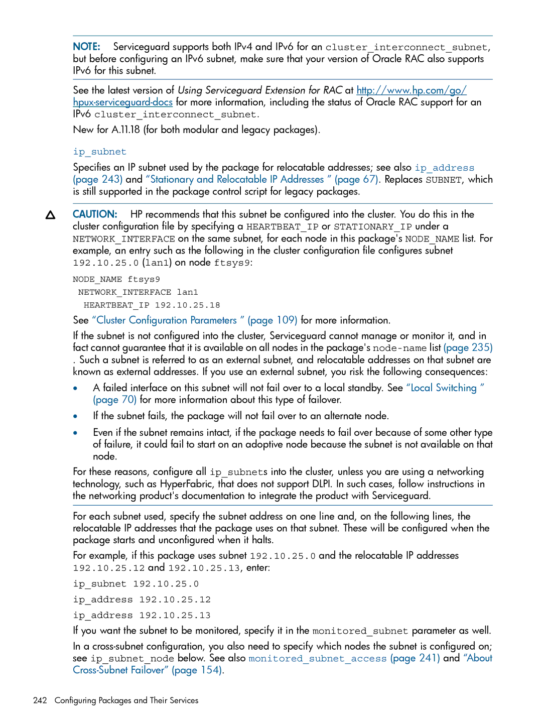 HP Serviceguard manual New for A.11.18 for both modular and legacy packages, Ipsubnet Ipaddress 