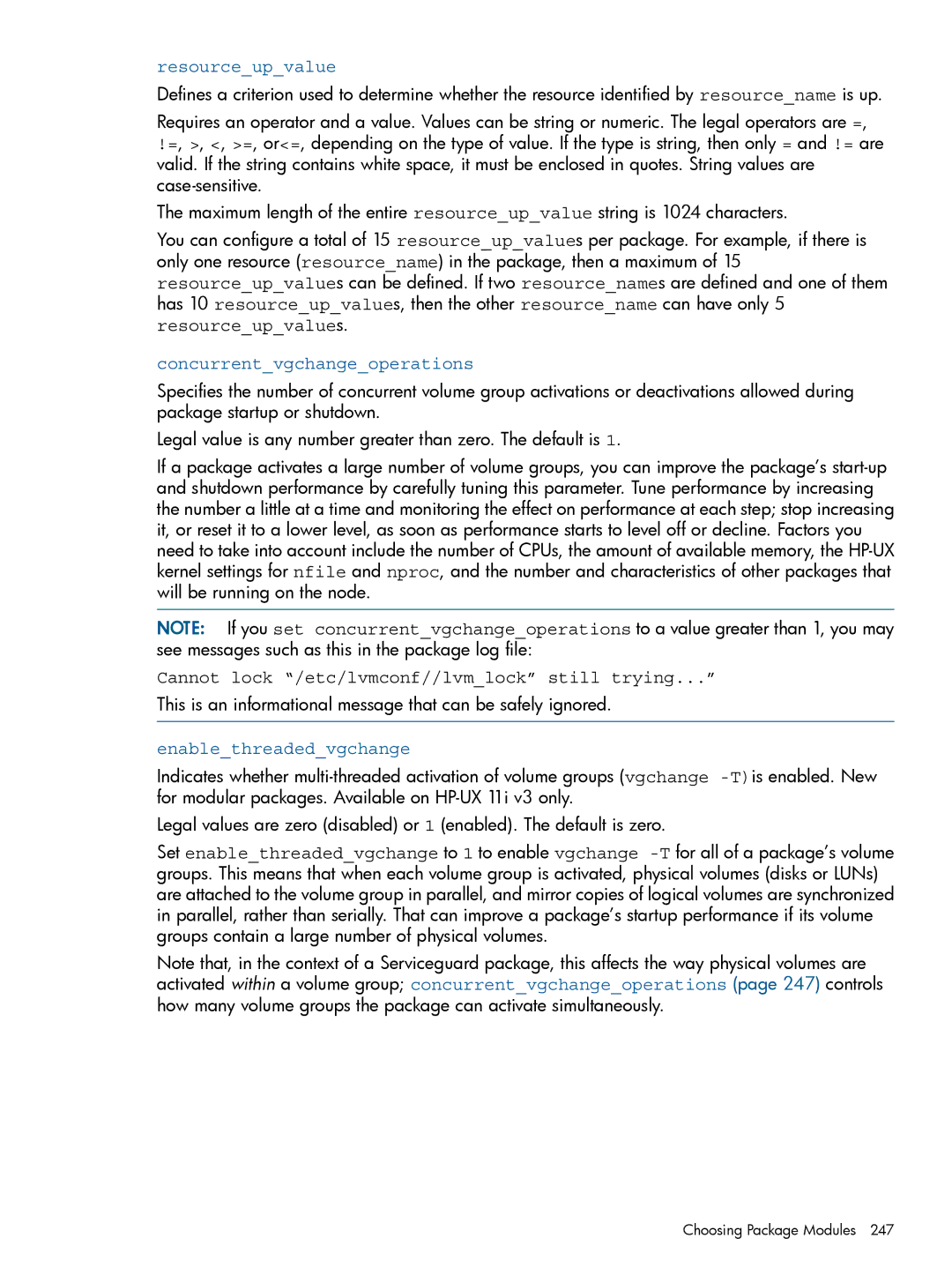 HP Serviceguard manual Resourceupvalue, Concurrentvgchangeoperations, Cannot lock /etc/lvmconf//lvmlock still trying 