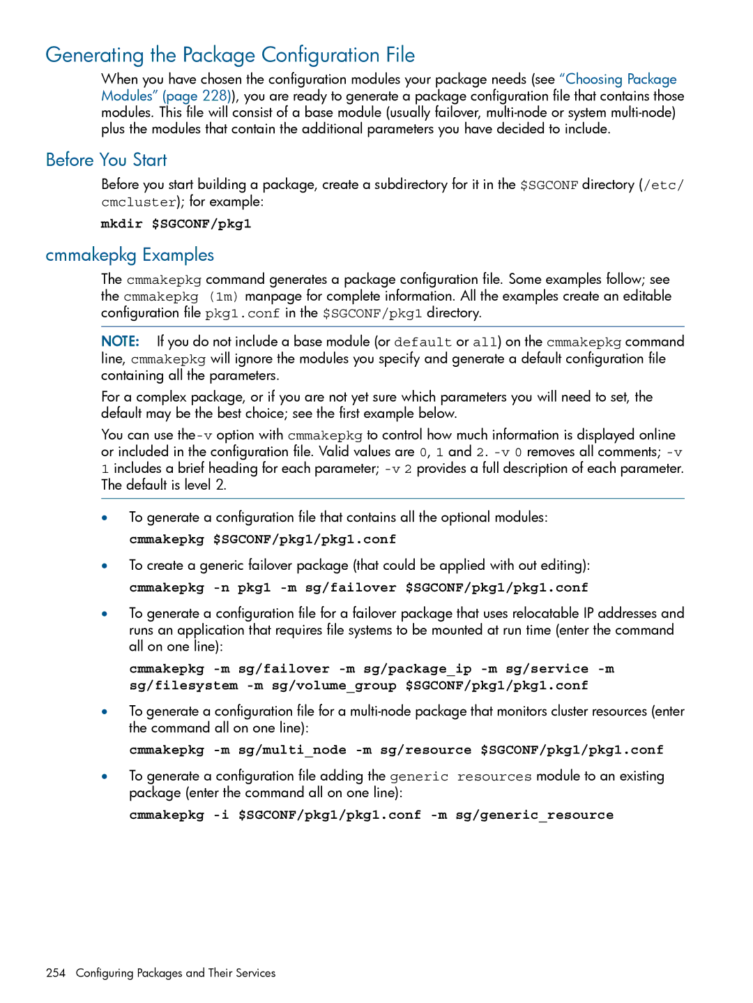HP Serviceguard manual Generating the Package Configuration File, Before You Start, Cmmakepkg Examples, Mkdir $SGCONF/pkg1 
