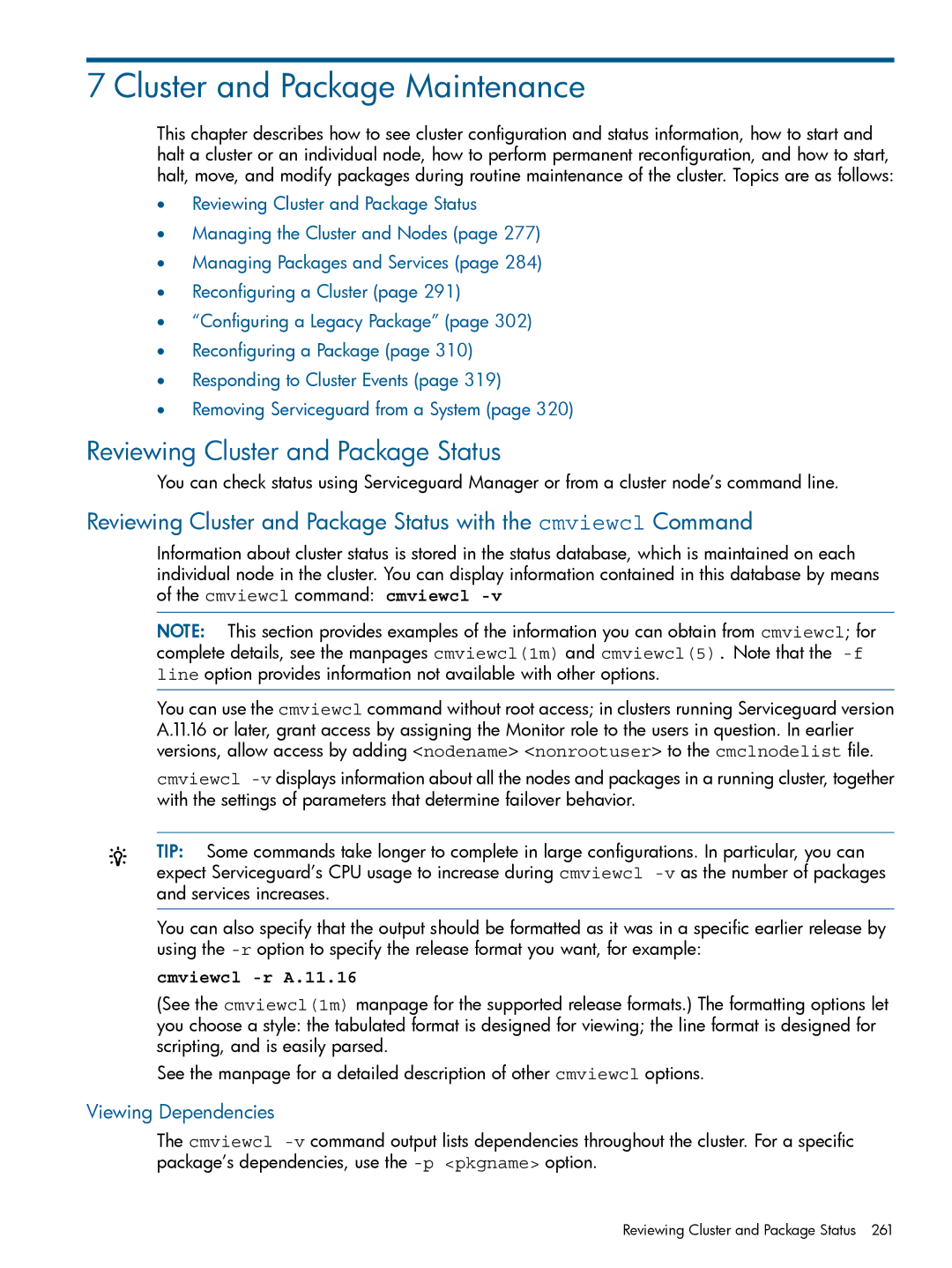 HP Serviceguard manual Cluster and Package Maintenance, Reviewing Cluster and Package Status, Viewing Dependencies 