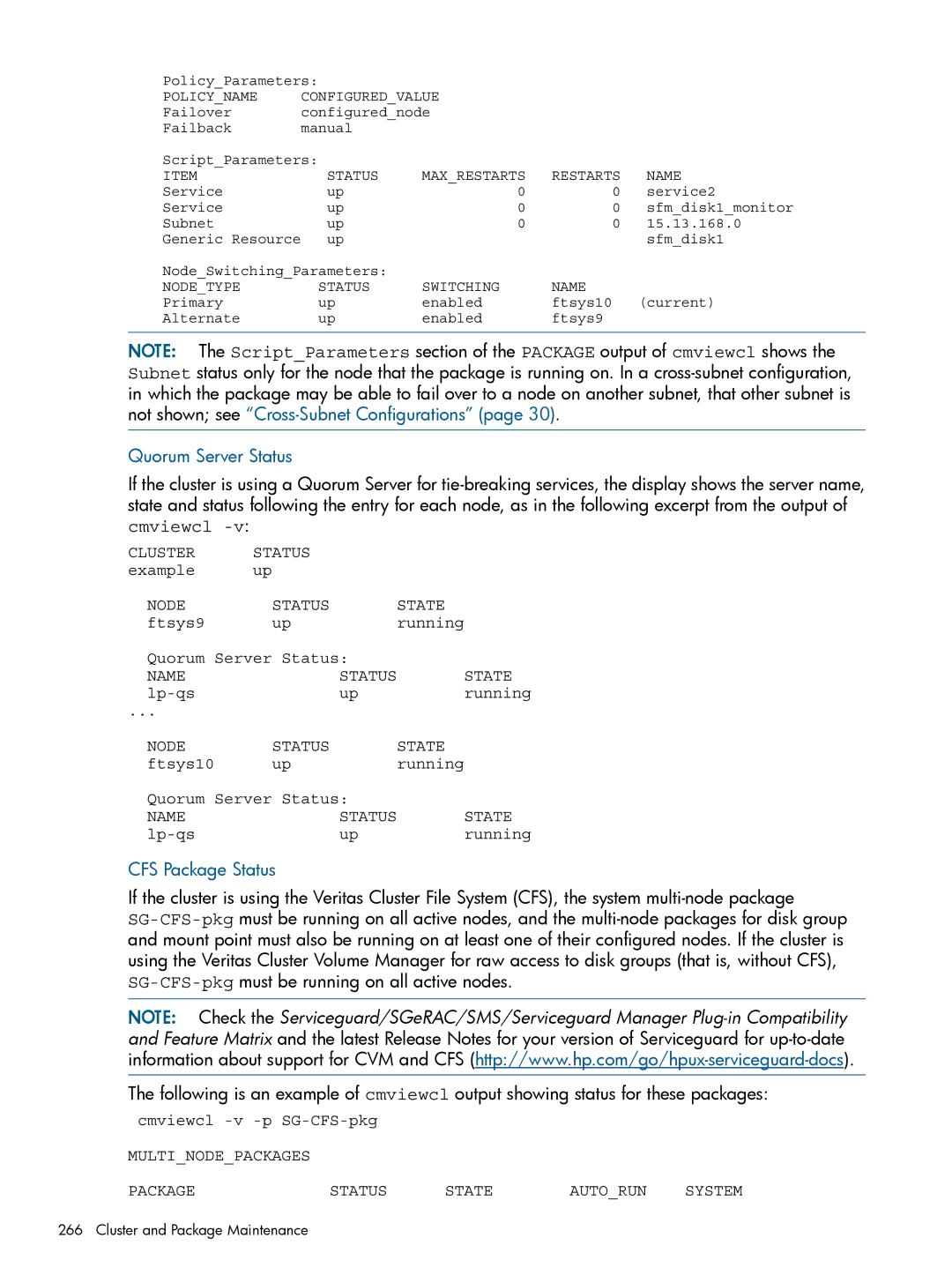 HP Serviceguard manual Quorum Server Status, CFS Package Status 