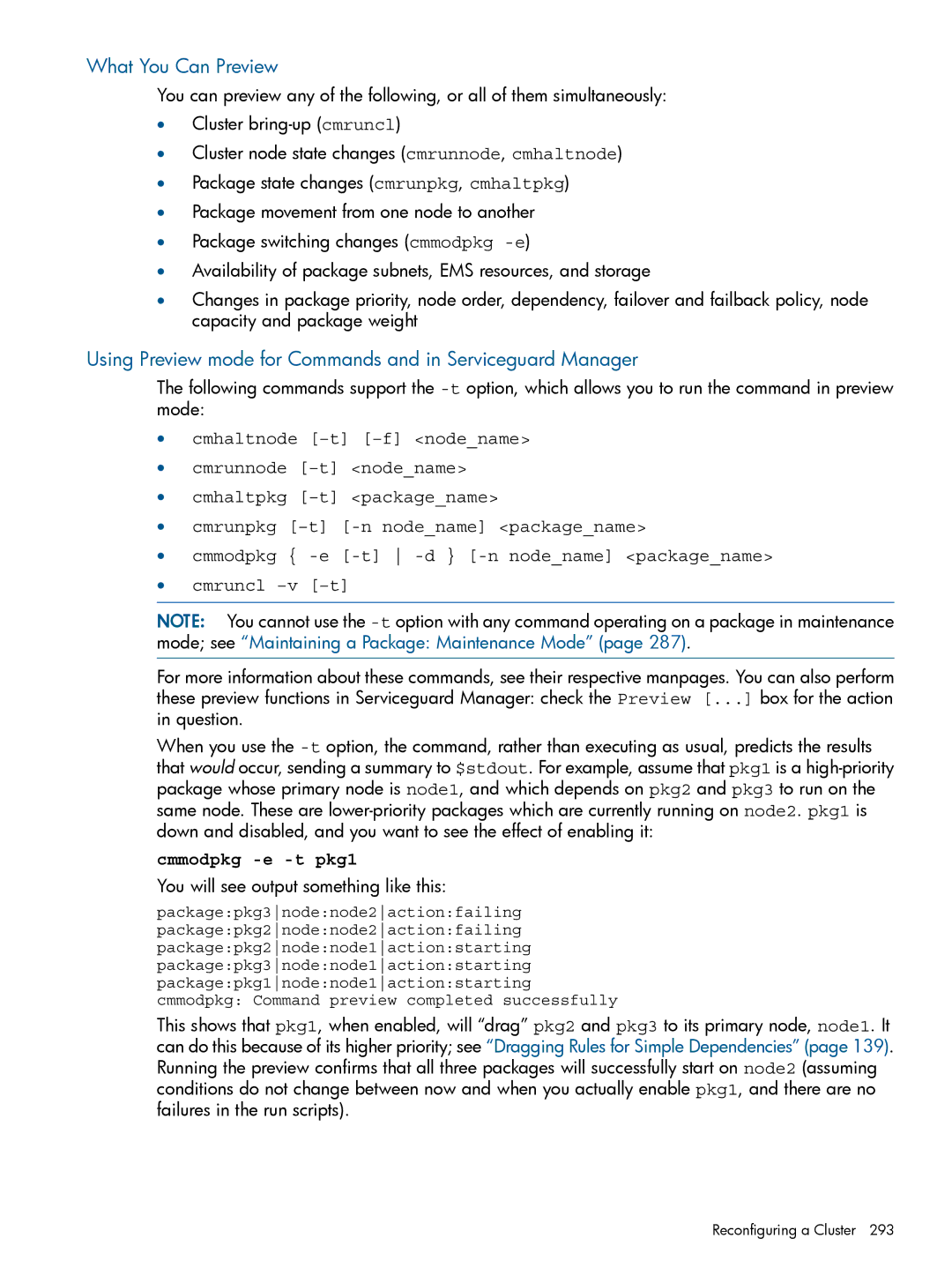 HP manual What You Can Preview, Using Preview mode for Commands and in Serviceguard Manager, Cmmodpkg -e -t pkg1 