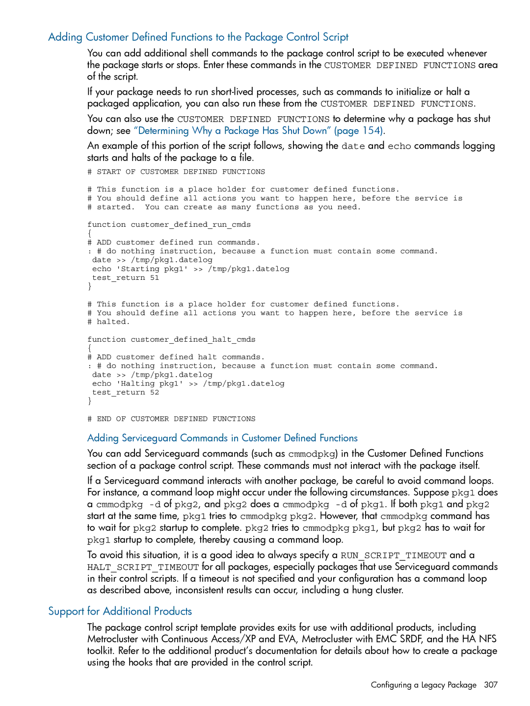 HP manual Support for Additional Products, Adding Serviceguard Commands in Customer Defined Functions 