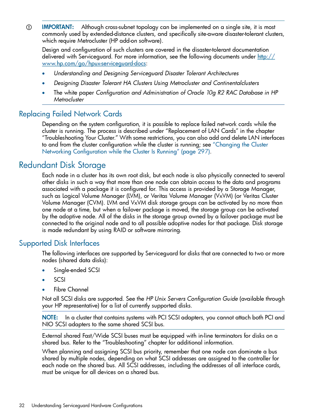 HP Serviceguard manual Redundant Disk Storage, Replacing Failed Network Cards, Supported Disk Interfaces 