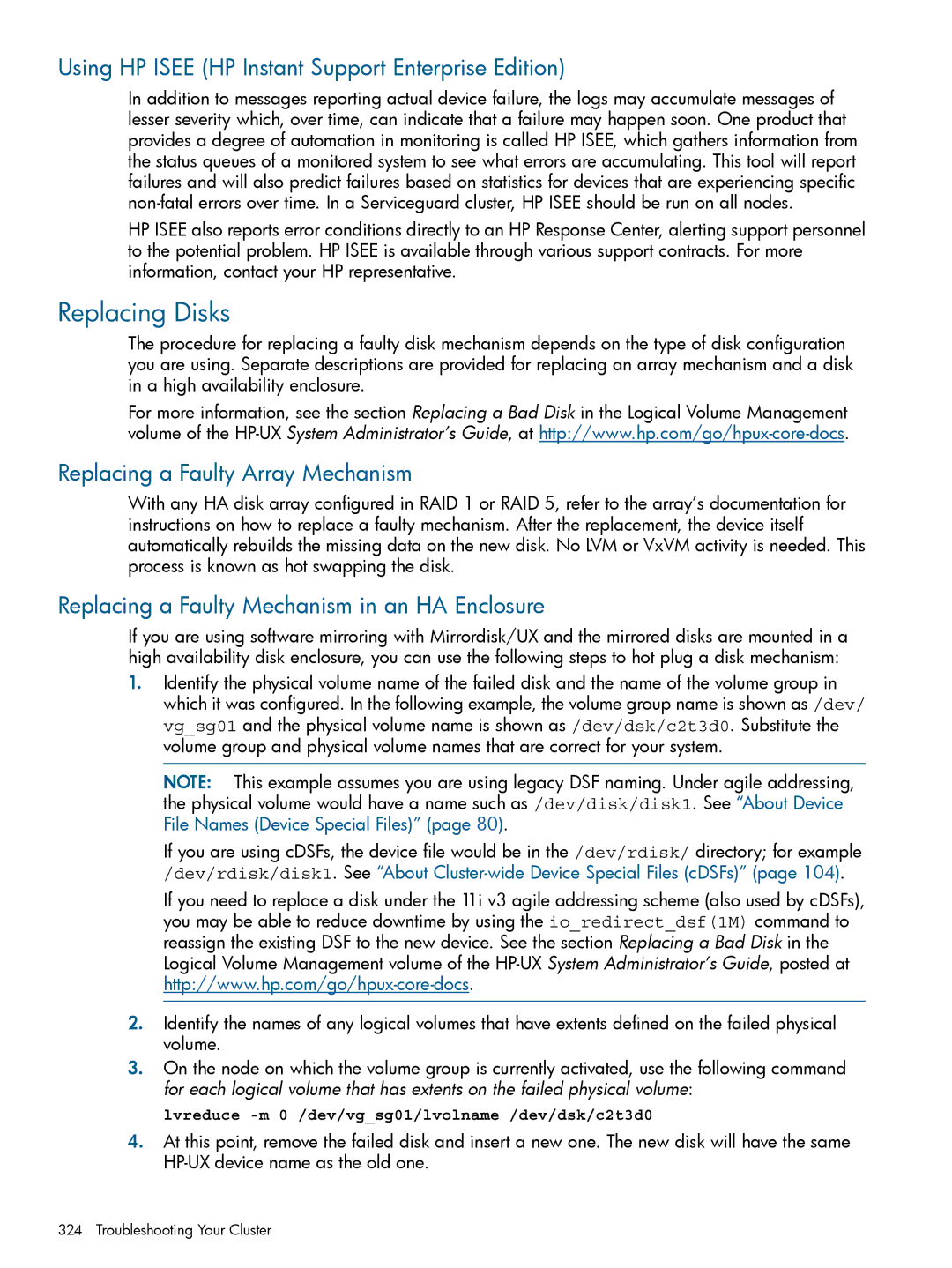 HP Serviceguard Replacing Disks, Using HP Isee HP Instant Support Enterprise Edition, Replacing a Faulty Array Mechanism 