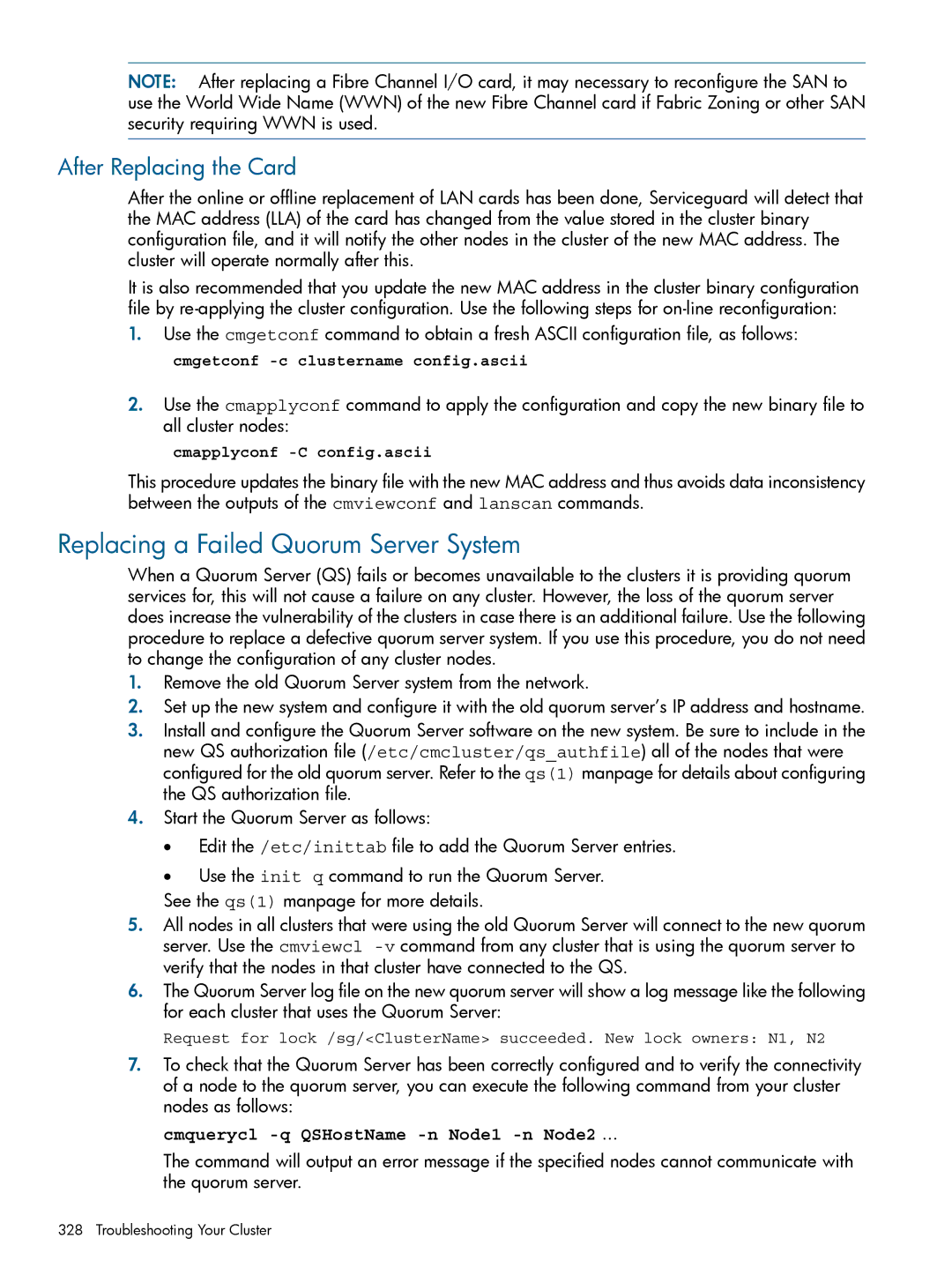 HP Serviceguard manual Replacing a Failed Quorum Server System, After Replacing the Card 