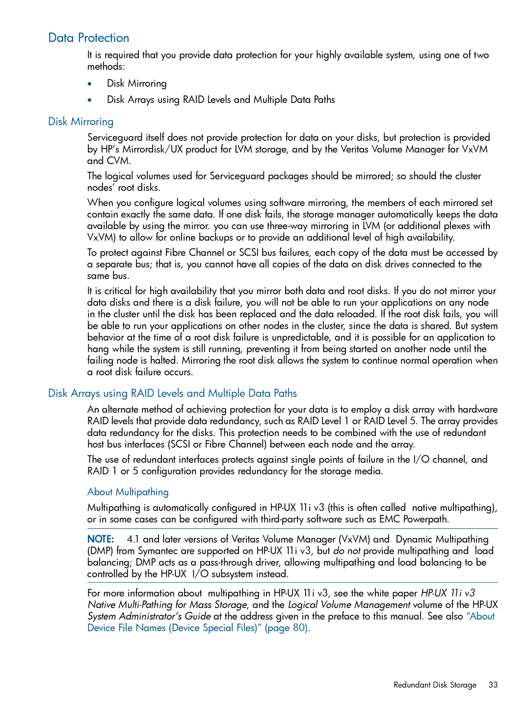 HP Serviceguard Data Protection, Disk Mirroring, Disk Arrays using RAID Levels and Multiple Data Paths, About Multipathing 