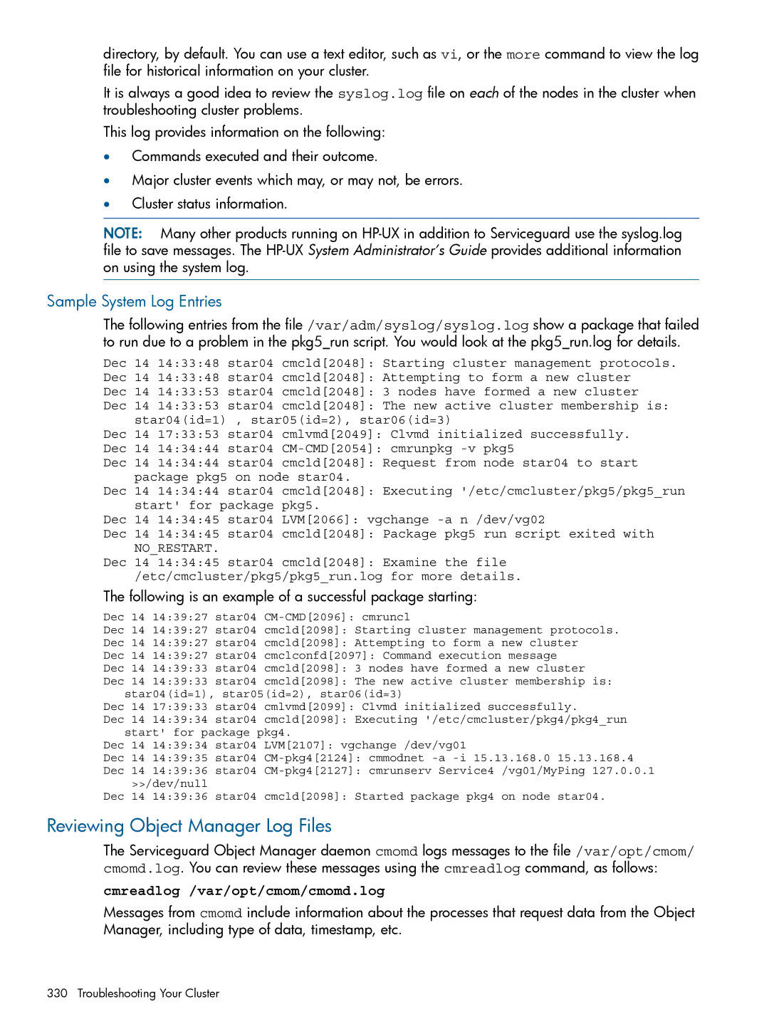 HP Serviceguard manual Reviewing Object Manager Log Files, Sample System Log Entries, Cmreadlog /var/opt/cmom/cmomd.log 