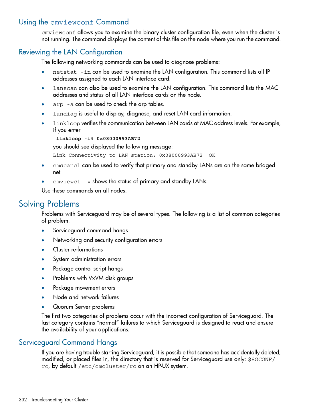 HP Serviceguard manual Solving Problems, Using the cmviewconf Command, Reviewing the LAN Configuration 