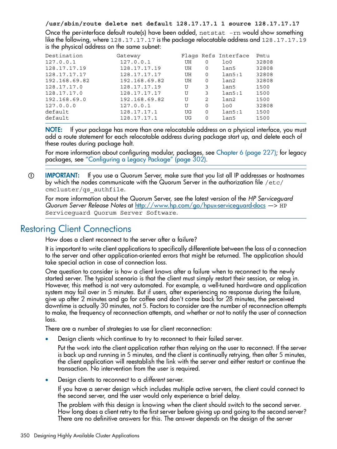 HP Serviceguard manual Restoring Client Connections, Usr/sbin/route delete net default 128.17.17.1 1 source 