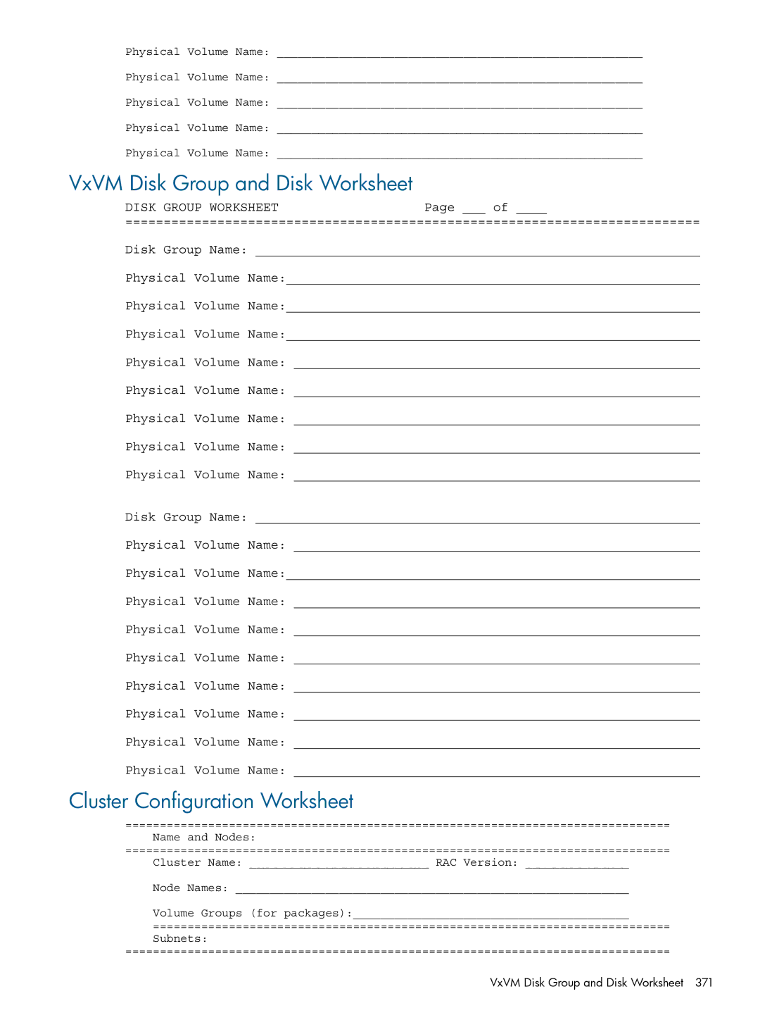 HP Serviceguard manual VxVM Disk Group and Disk Worksheet, Cluster Configuration Worksheet 