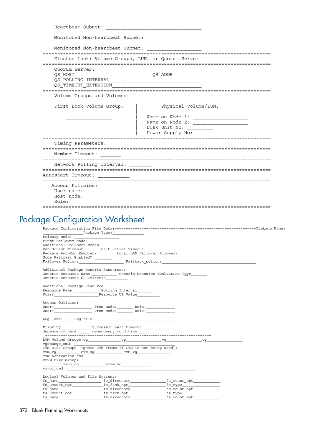 HP Serviceguard manual Package Configuration Worksheet 