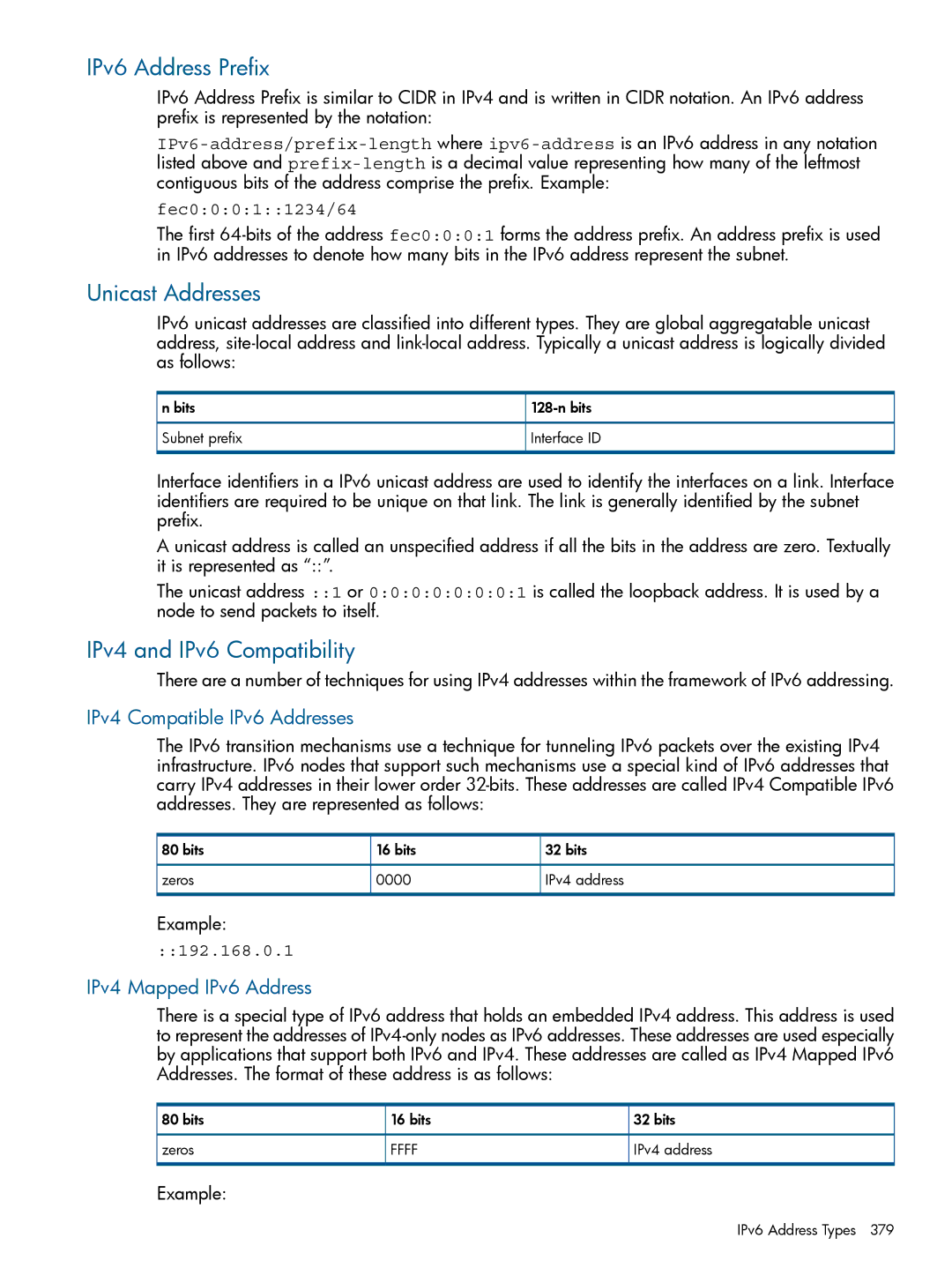 HP Serviceguard manual IPv6 Address Prefix, Unicast Addresses, IPv4 and IPv6 Compatibility, IPv4 Compatible IPv6 Addresses 