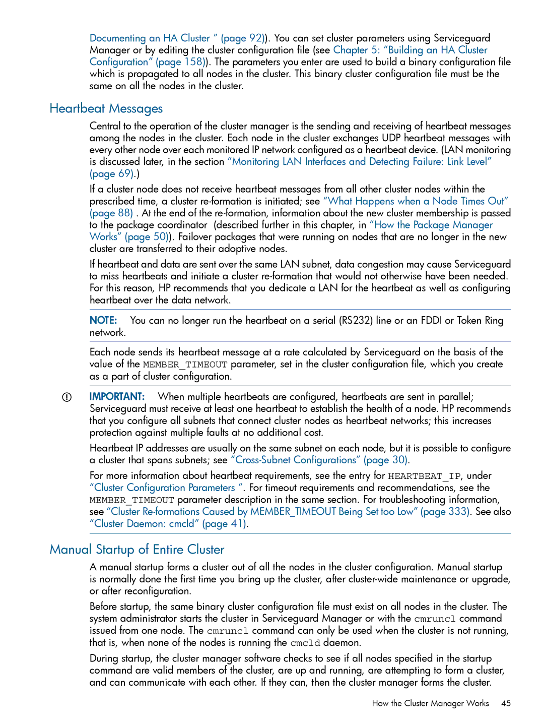 HP Serviceguard manual Heartbeat Messages, Manual Startup of Entire Cluster 