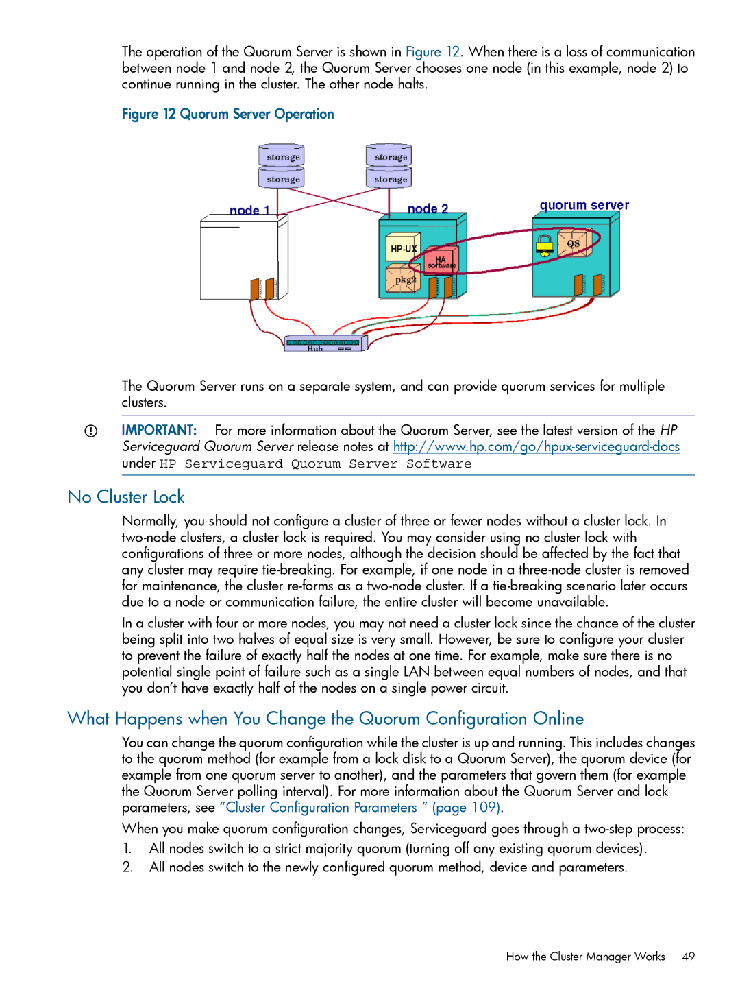 HP Serviceguard manual No Cluster Lock, Quorum Server Operation 