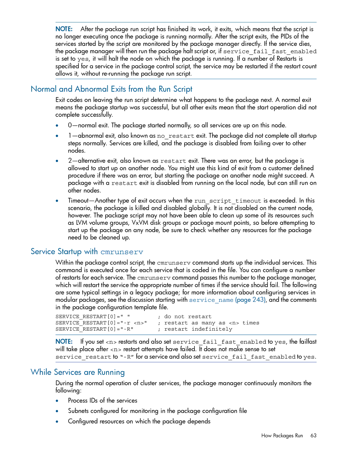 HP Serviceguard Normal and Abnormal Exits from the Run Script, Service Startup with cmrunserv, While Services are Running 