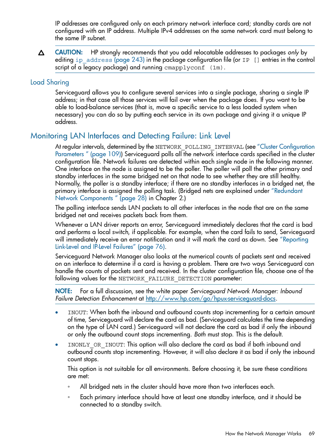 HP Serviceguard manual Monitoring LAN Interfaces and Detecting Failure Link Level, Load Sharing 