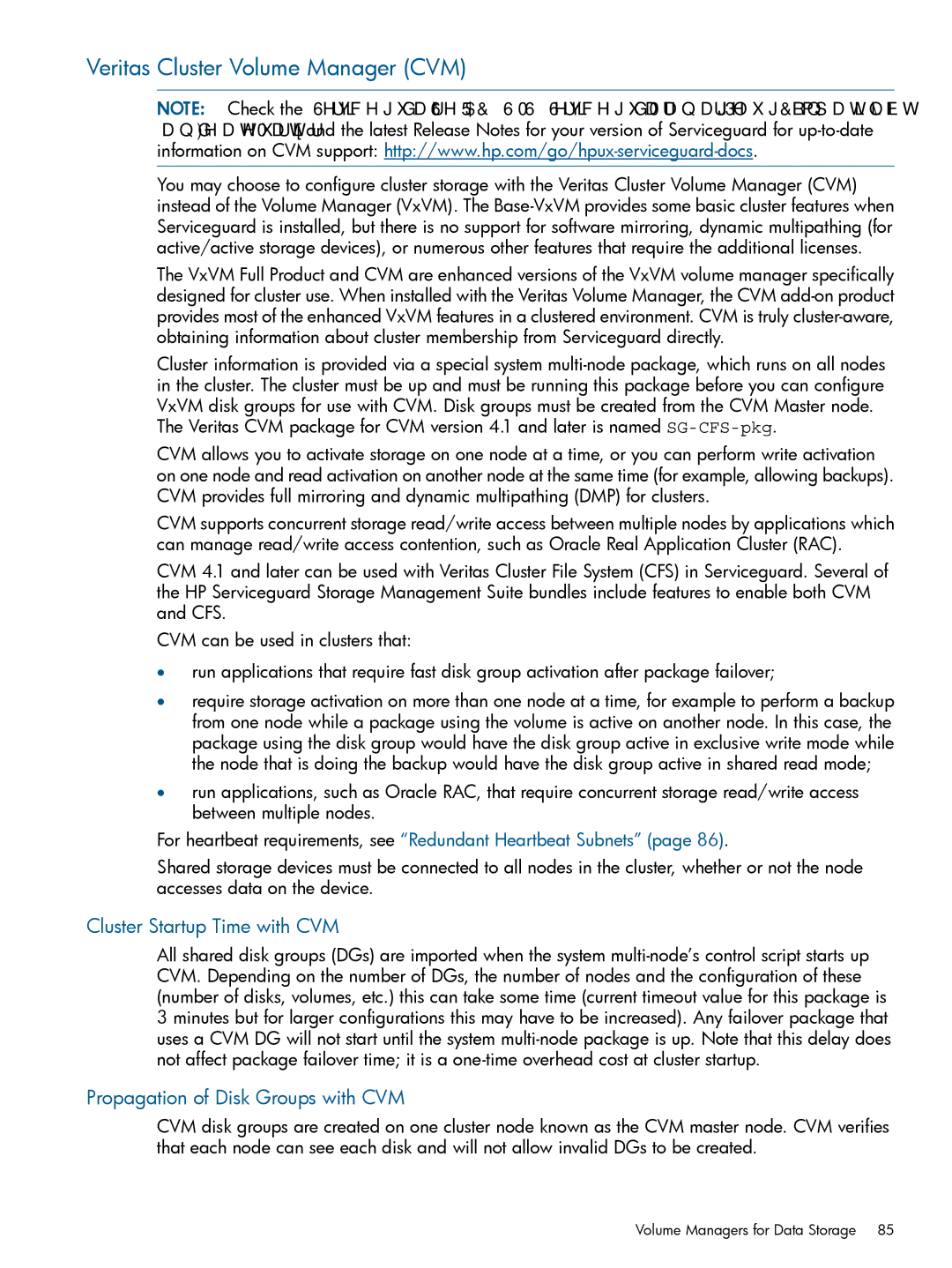 HP Serviceguard Veritas Cluster Volume Manager CVM, Cluster Startup Time with CVM, Propagation of Disk Groups with CVM 