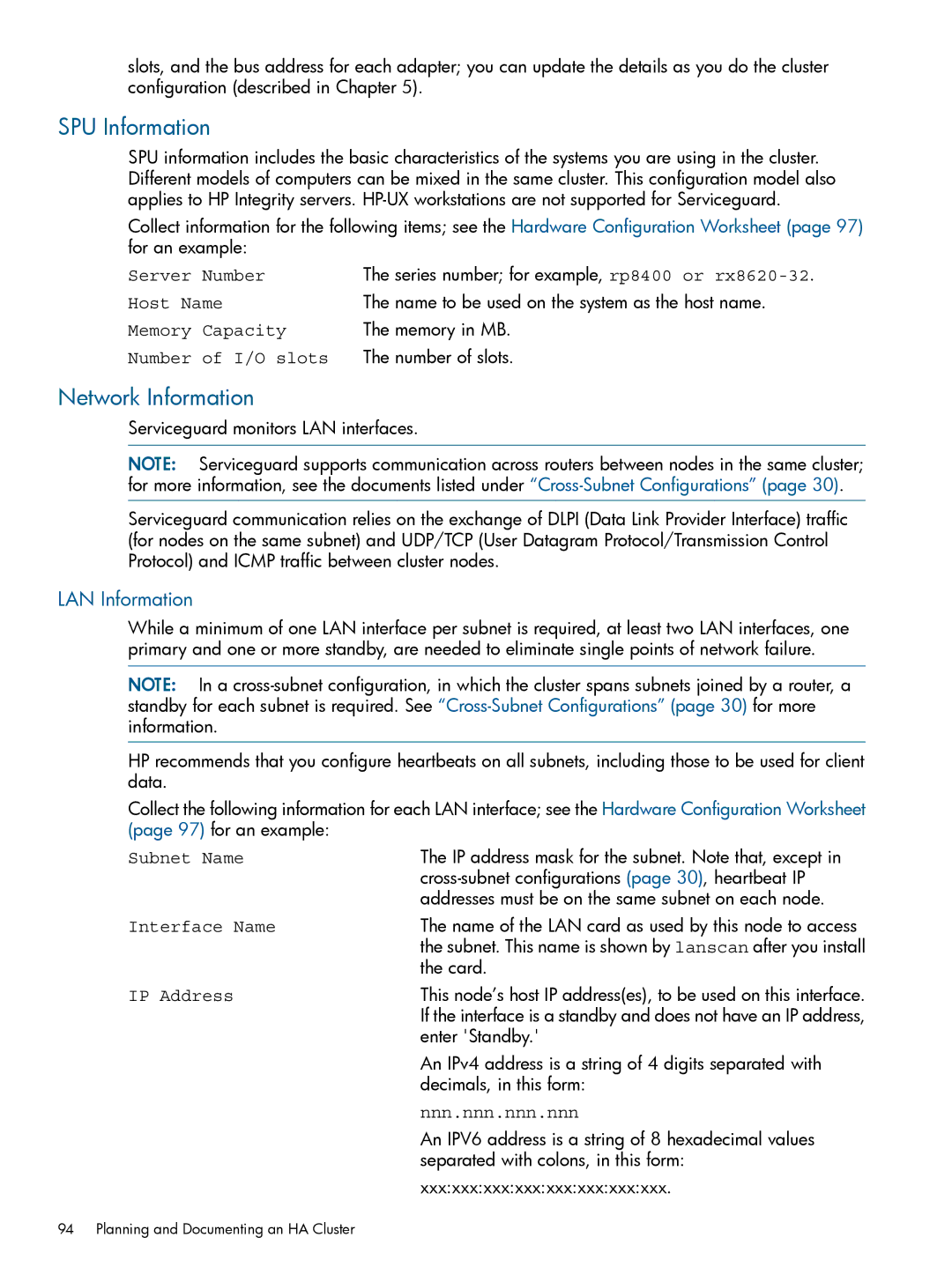 HP Serviceguard manual SPU Information, Network Information, LAN Information, Nnn.nnn.nnn.nnn 