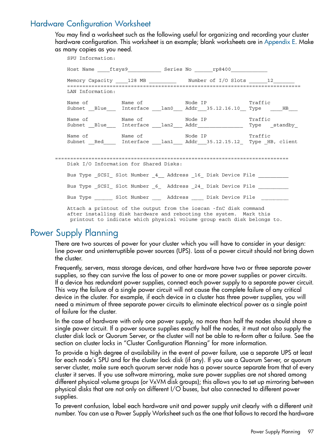 HP Serviceguard manual Power Supply Planning, Hardware Configuration Worksheet 