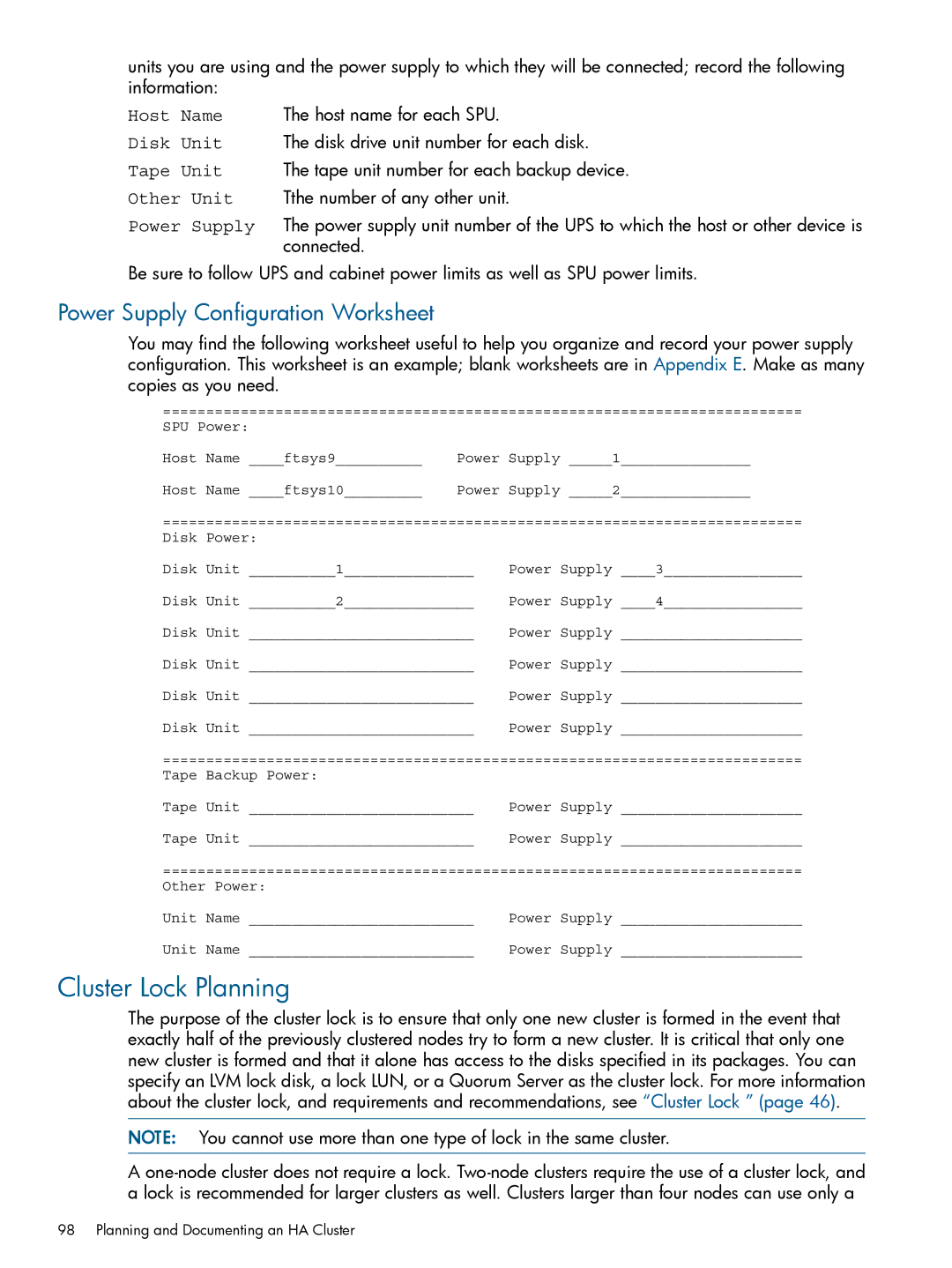 HP Serviceguard manual Cluster Lock Planning, Power Supply Configuration Worksheet 