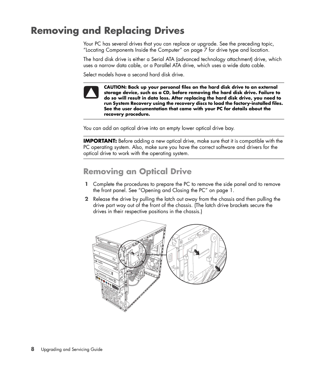 HP SG3140IL, SG3245IN manual Removing and Replacing Drives, Removing an Optical Drive 