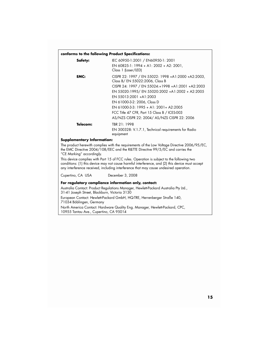 HP SG3711IL, SG3746IL manual Conforms to the following Product Specifications, Telecom, Supplementary Information 