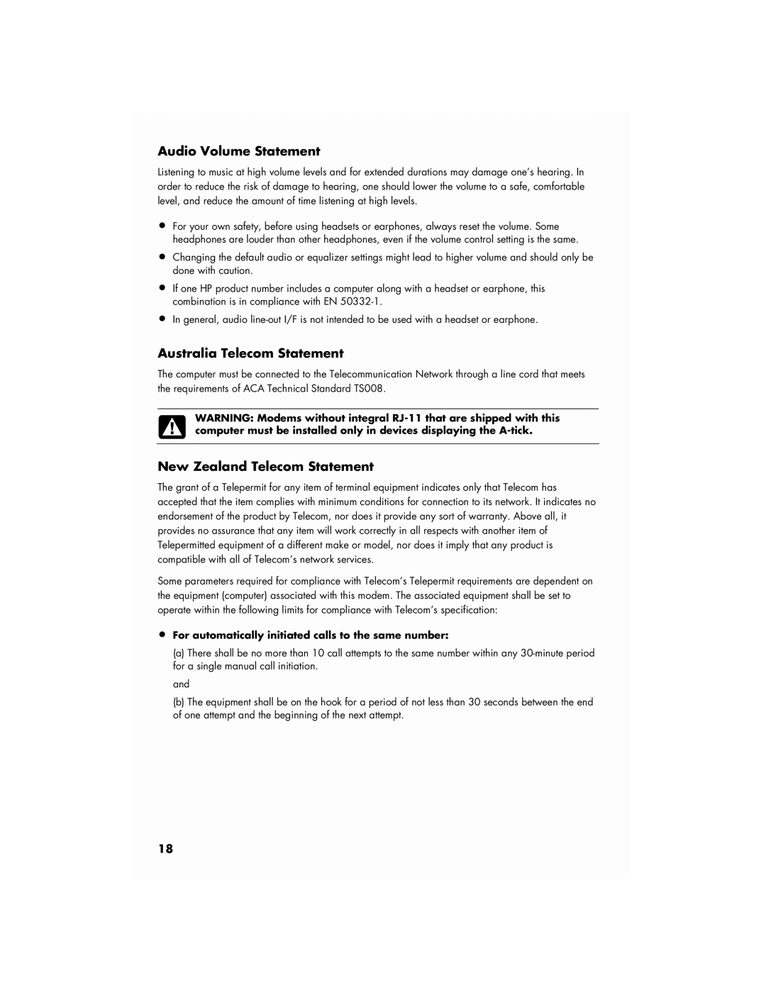 HP SG3746IL, SG3711IL manual Audio Volume Statement, Australia Telecom Statement, New Zealand Telecom Statement 