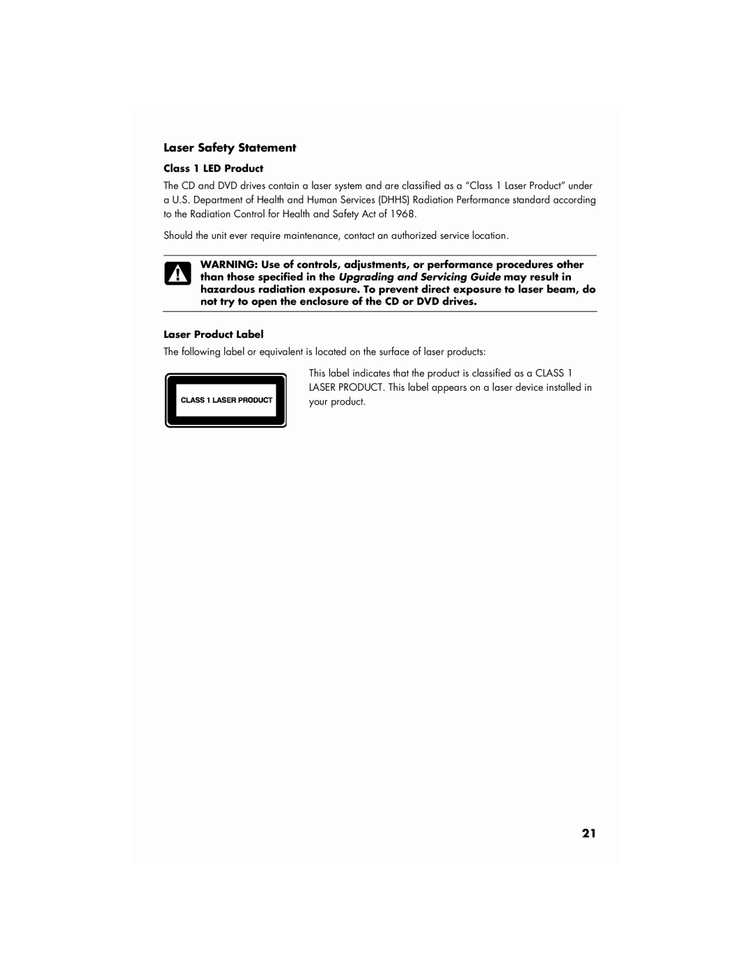 HP SG3711IL, SG3746IL manual Laser Safety Statement, Class 1 LED Product, Laser Product Label 