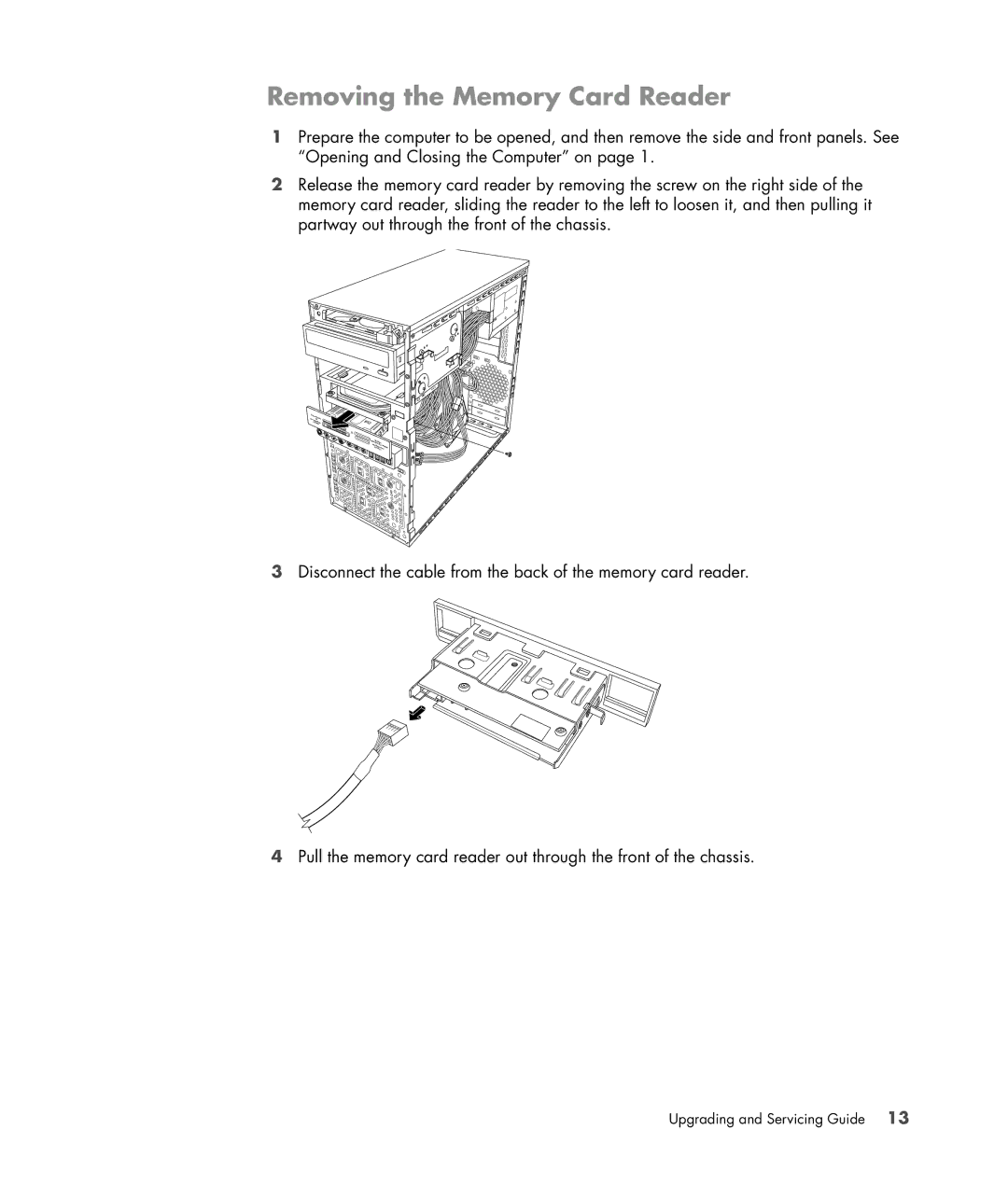 HP SG3778D manual Removing the Memory Card Reader 