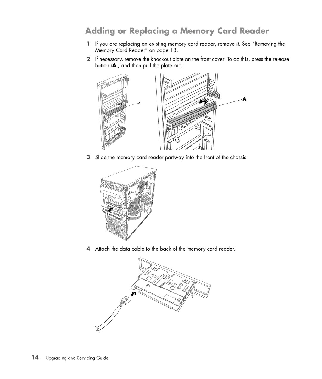 HP SG3778D manual Adding or Replacing a Memory Card Reader 